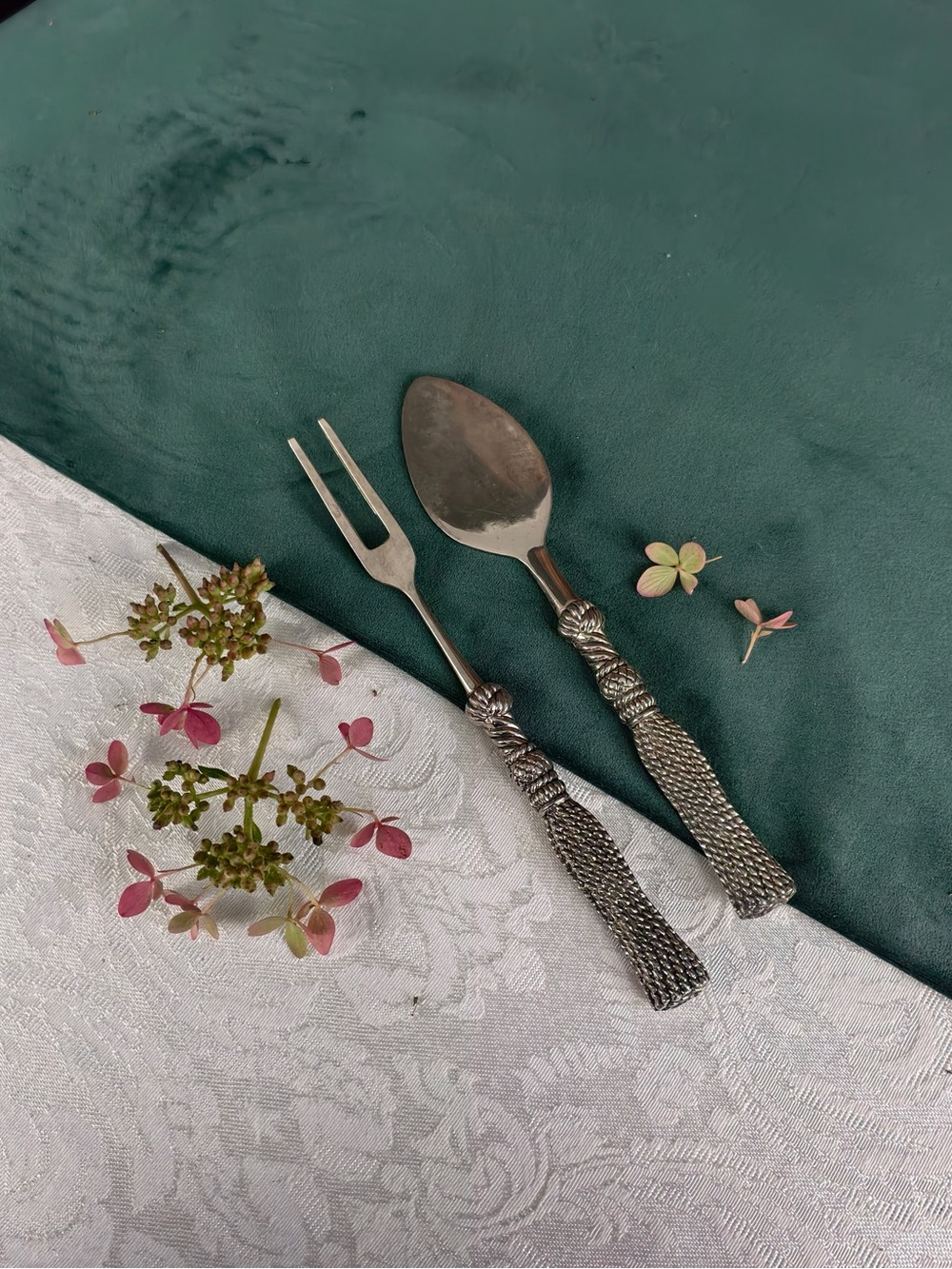 Vintage Silver Braided Handle Cheese Fork and Spoon Set